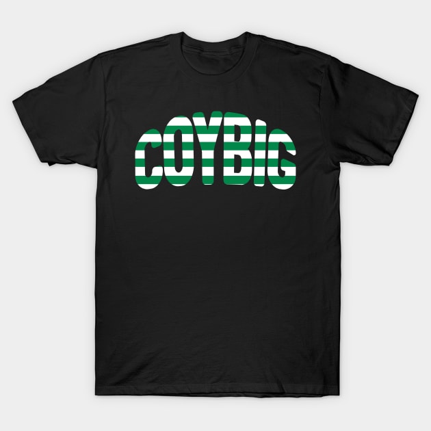 COYBIG, Glasgow Celtic Football Club Green and White Hooped Warped Text Design T-Shirt by MacPean